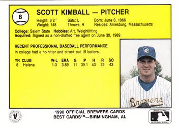 1990 Best Beloit Brewers #8 Scott Kimball  Back