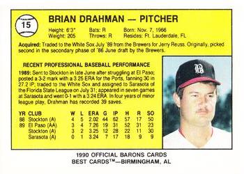 1990 Best Birmingham Barons #15 Brian Drahman  Back