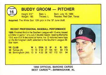 1990 Best Birmingham Barons #16 Buddy Groom  Back
