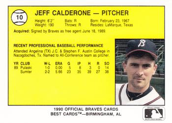 1990 Best Burlington Braves #10 Jeff Calderone  Back