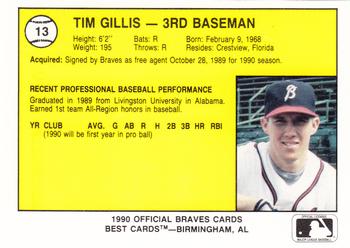 1990 Best Burlington Braves #13 Tim Gillis  Back