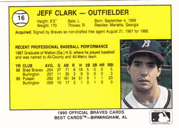 1990 Best Burlington Braves #16 Jeff Clark  Back