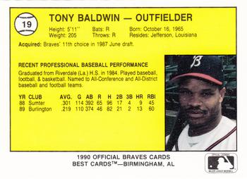 1990 Best Burlington Braves #19 Tony Baldwin  Back