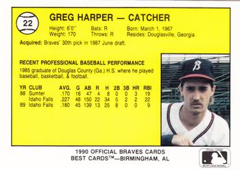 1990 Best Burlington Braves #22 Greg Harper  Back