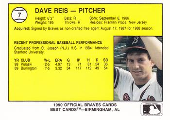 1990 Best Burlington Braves #7 Dave Reis  Back