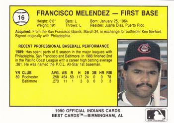 1990 Best Canton-Akron Indians #16 Francisco Melendez  Back