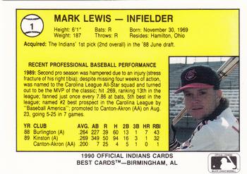 1990 Best Canton-Akron Indians #1 Mark Lewis  Back