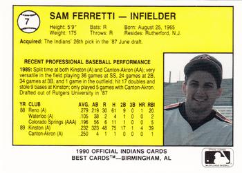 1990 Best Canton-Akron Indians #7 Sam Ferretti  Back