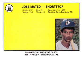 1990 Best Charleston Rainbows #15 Jose Mateo  Back