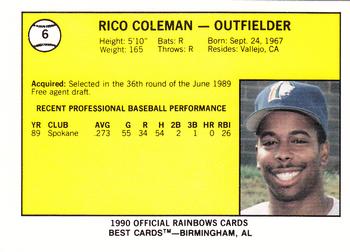 1990 Best Charleston Rainbows #6 Rico Coleman  Back
