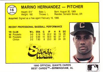 1990 Best Clinton Giants #16 Marino Hernandez  Back