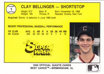 1990 Best Clinton Giants #1 Clay Bellinger  Back