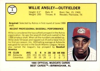 1990 Best Columbus Mudcats #1 Willie Ansley  Back