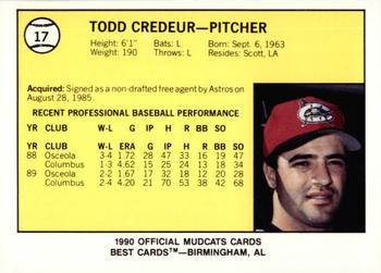 1990 Best Columbus Mudcats #17 Todd Credeur  Back
