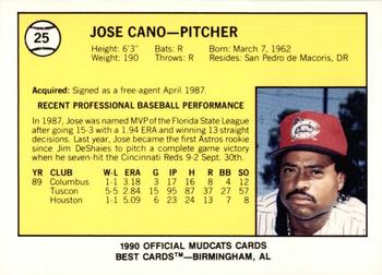 1990 Best Columbus Mudcats #25 Jose Cano  Back