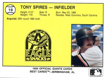 1990 Best Everett Giants #19 Tony Spires  Back