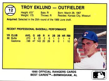 1990 Best Gastonia Rangers #12 Troy Eklund  Back