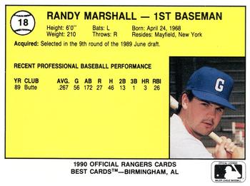1990 Best Gastonia Rangers #18 Randy Marshall  Back