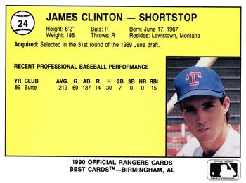 1990 Best Gastonia Rangers #24 James Clinton  Back