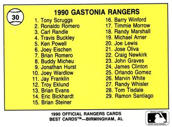 1990 Best Gastonia Rangers #30 Checklist  Back