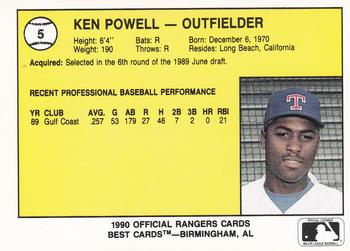 1990 Best Gastonia Rangers #5 Ken Powell  Back