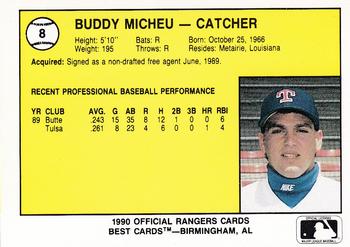 1990 Best Gastonia Rangers #8 Buddy Micheu  Back