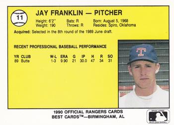 1990 Best Gastonia Rangers #11 Jay Franklin  Back