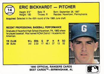 1990 Best Gastonia Rangers #14 Eric Bickhardt  Back