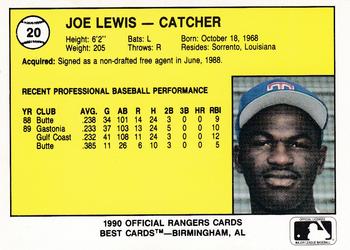 1990 Best Gastonia Rangers #20 Joe Lewis  Back
