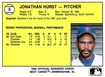 1990 Best Gastonia Rangers #9 Jonathan Hurst  Back