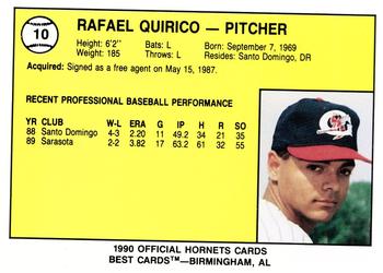 1990 Best Greensboro Hornets #10 Rafael Quirico  Back
