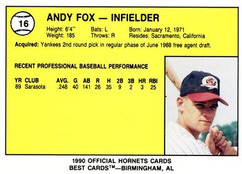 1990 Best Greensboro Hornets #16 Andy Fox  Back