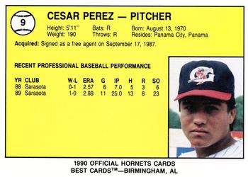 1990 Best Greensboro Hornets #9 Cesar Perez  Back