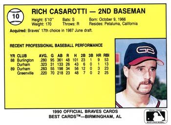 1990 Best Greenville Braves #10 Rich Casarotti  Back