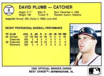 1990 Best Greenville Braves #2 David Plumb  Back