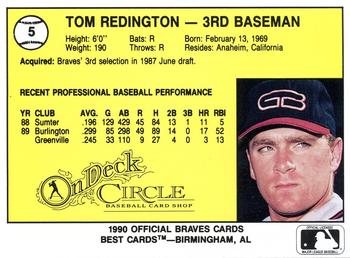 1990 Best Greenville Braves #5 Tom Redington  Back