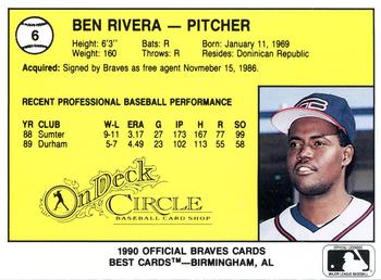 1990 Best Greenville Braves #6 Ben Rivera  Back