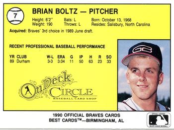 1990 Best Greenville Braves #7 Brian Boltz  Back