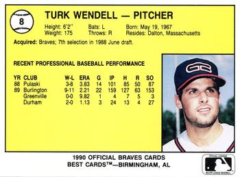 1990 Best Greenville Braves #8 Turk Wendell  Back