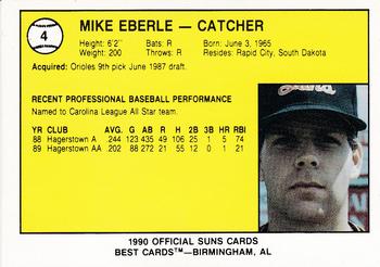 1990 Best Hagerstown Suns #4 Mike Eberle  Back