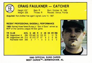 1990 Best Hagerstown Suns #10 Craig Faulkner  Back