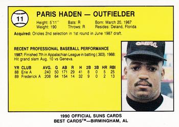 1990 Best Hagerstown Suns #11 Paris Hayden  Back