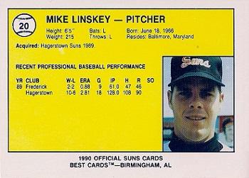 1990 Best Hagerstown Suns #20 Mike Linskey  Back