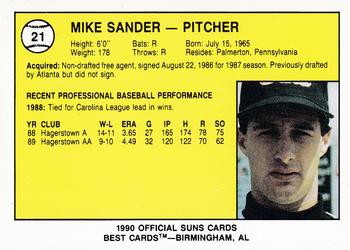 1990 Best Hagerstown Suns #21 Mike Sander  Back