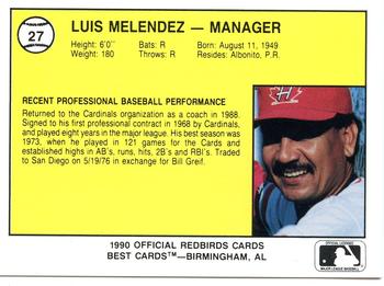 1990 Best Hamilton Redbirds #27 Luis Melendez Back