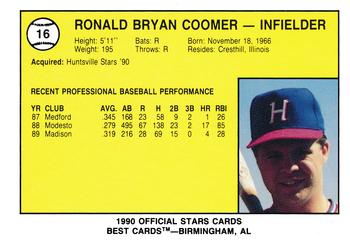 1990 Best Huntsville Stars #16 Ron Coomer  Back