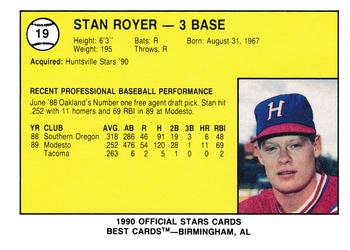 1990 Best Huntsville Stars #19 Stan Royer  Back