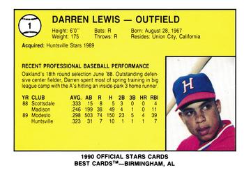 1990 Best Huntsville Stars #1 Darren Lewis  Back