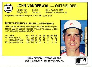 1990 Best Jacksonville Expos #13 John Vander Wal  Back