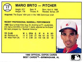 1990 Best Jacksonville Expos #17 Mario Brito  Back